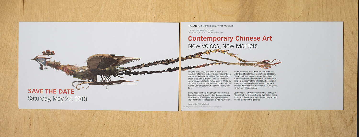 photo of save the date card featuring Xu Bing's Phoenix