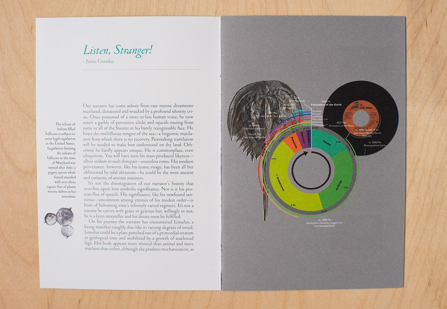 Photo of interior of the publication LIMULUS featuring the essay Listen Stranger! by James Gormley