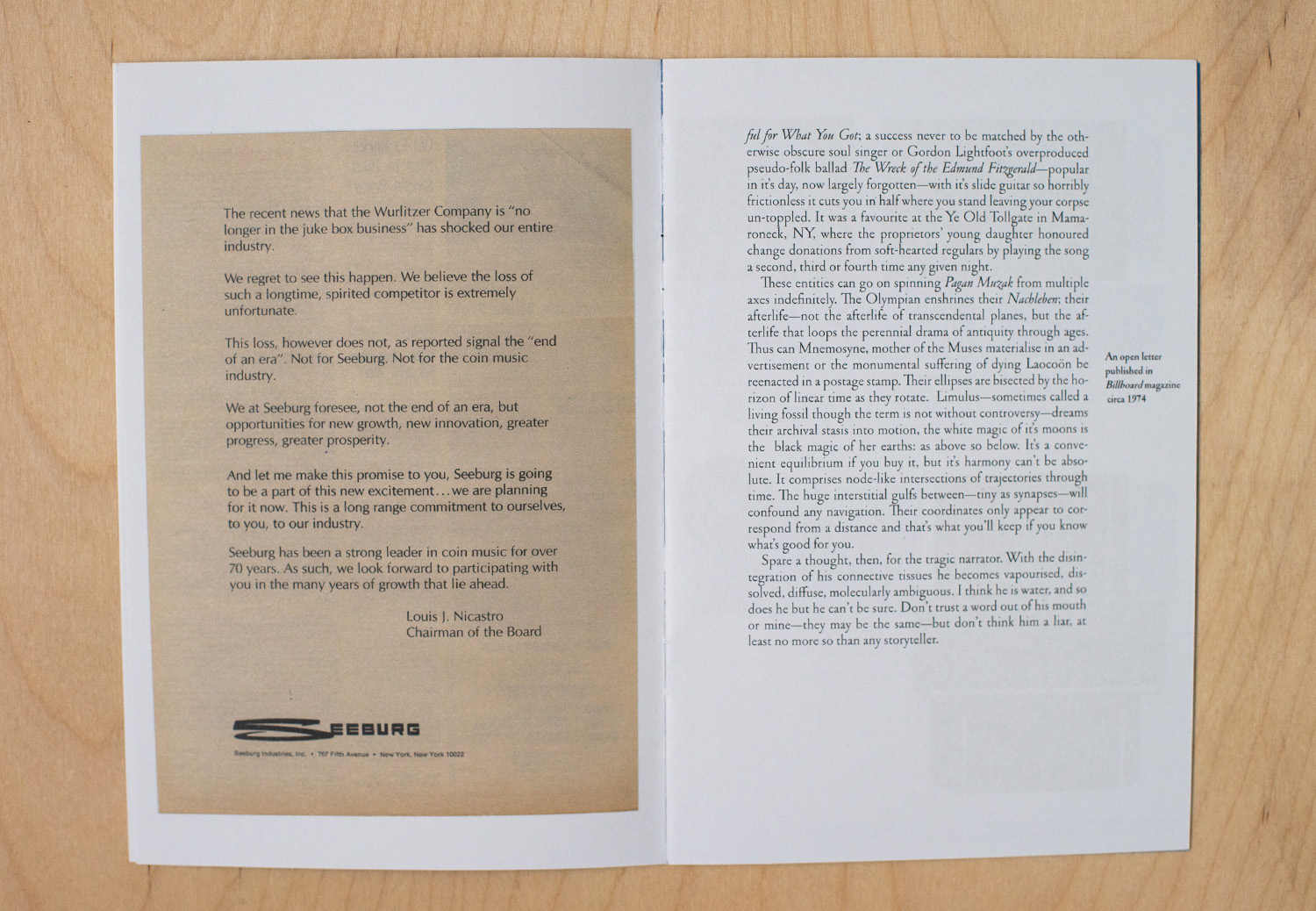Photo of interior of the publication LIMULUS featuring the essay Listen Stranger! by James Gormley