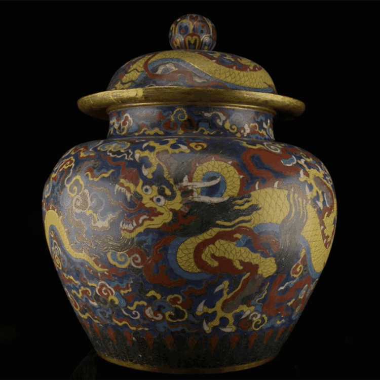 gif of Cloisonné enamel jar and cover with dragons