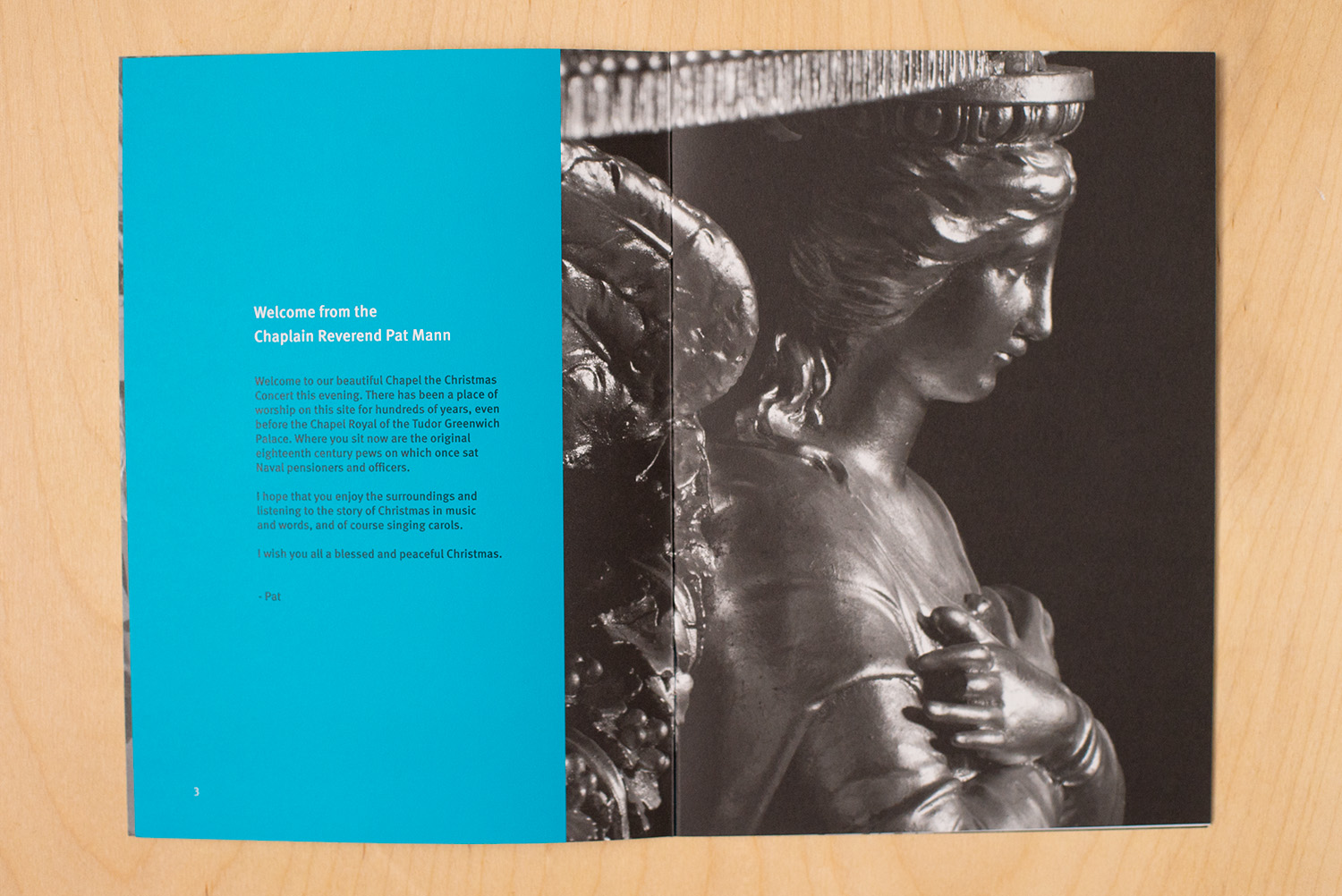 photo of the menu for the Old Royal Naval College Chapel Chritmas Concert with audience carols