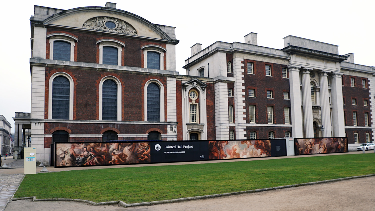 hoardings outside the painted hall during refurbishment