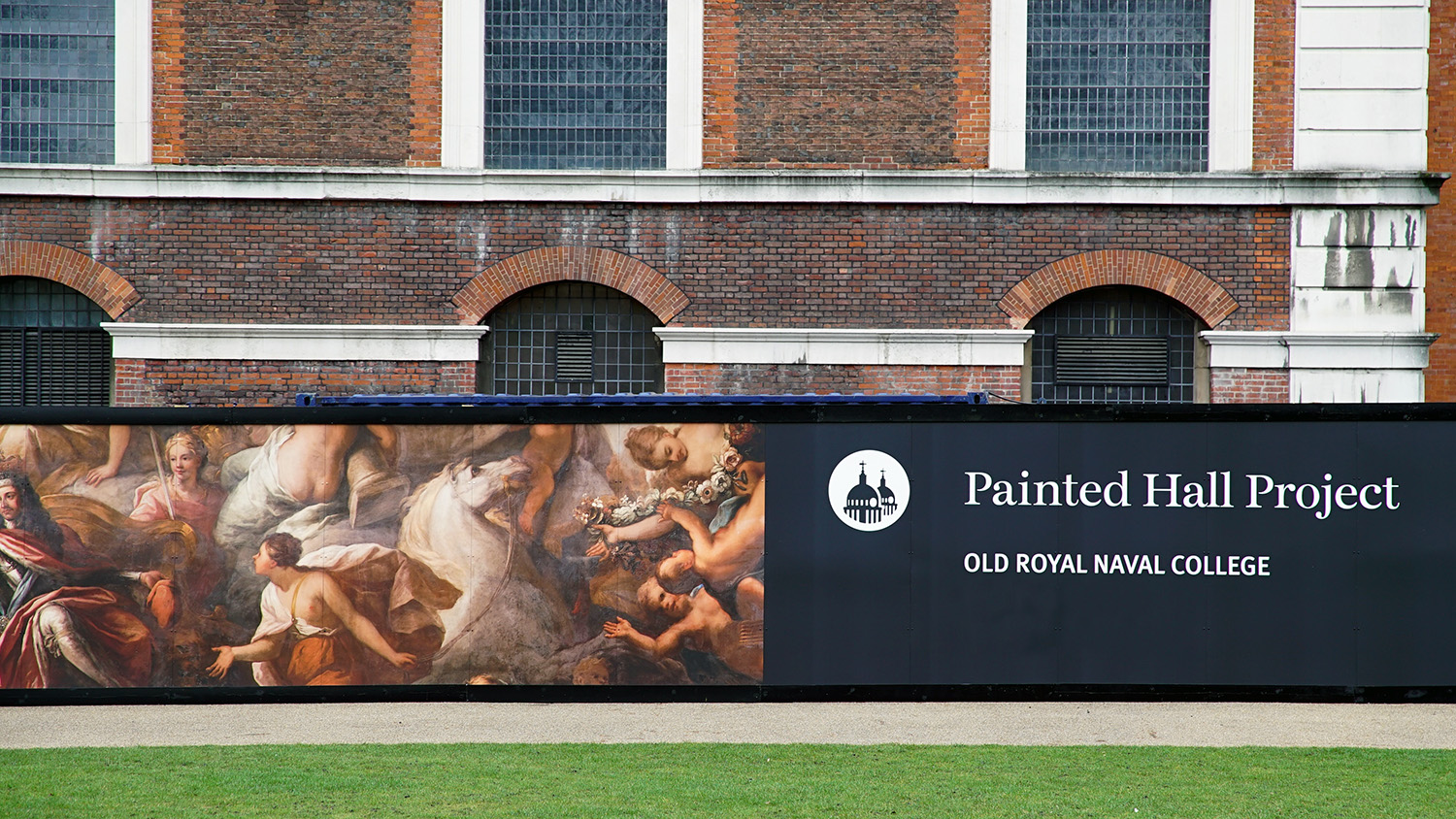hoardings outside the painted hall during refurbishment