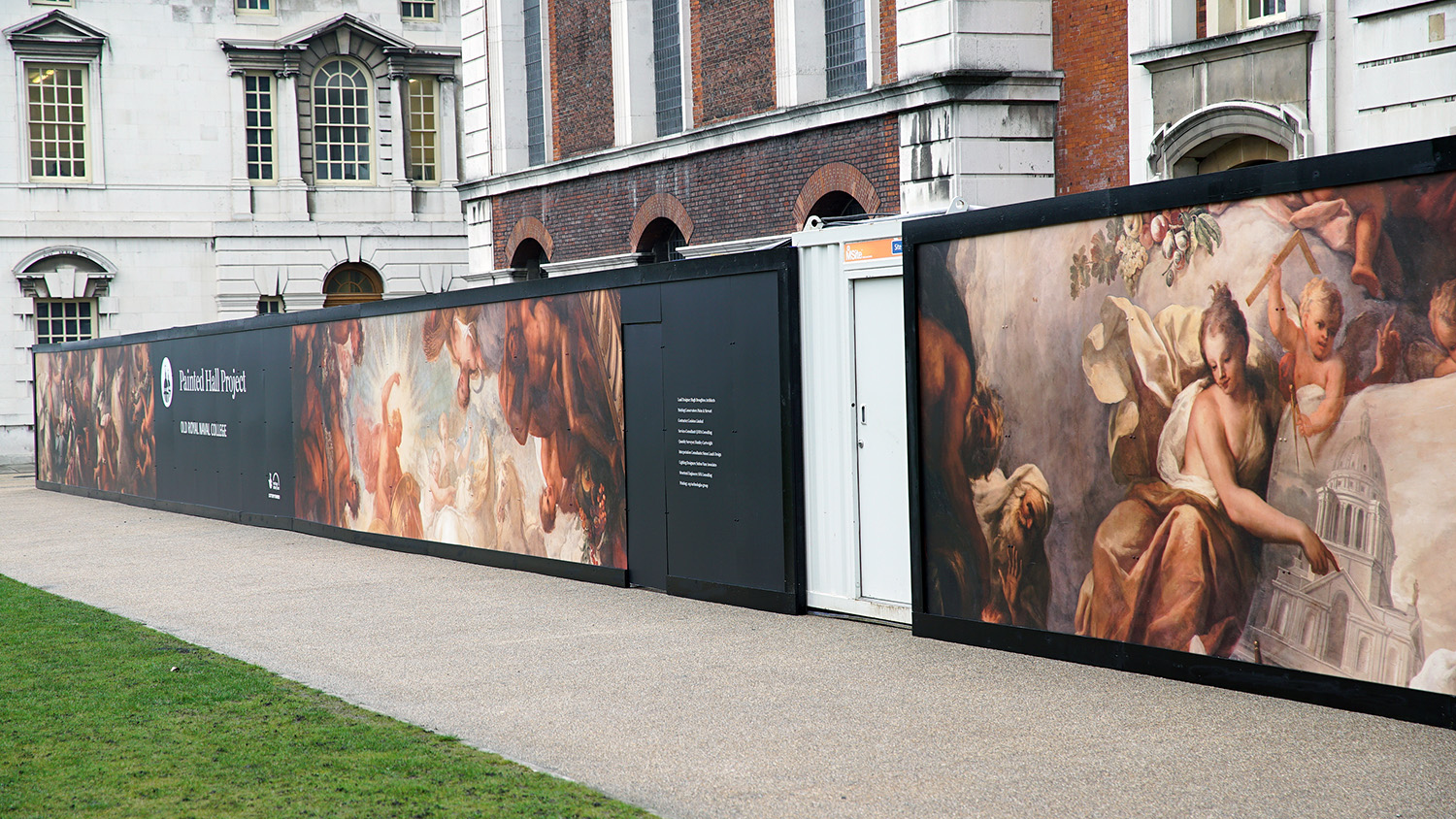 hoardings outside the painted hall during refurbishment