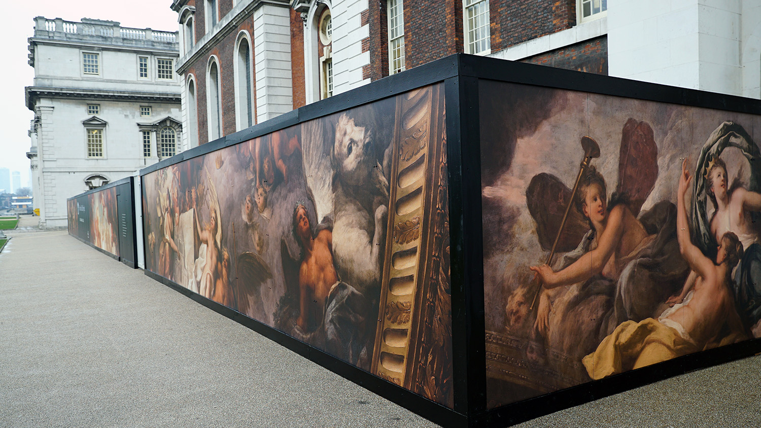 hoardings outside the painted hall during refurbishment