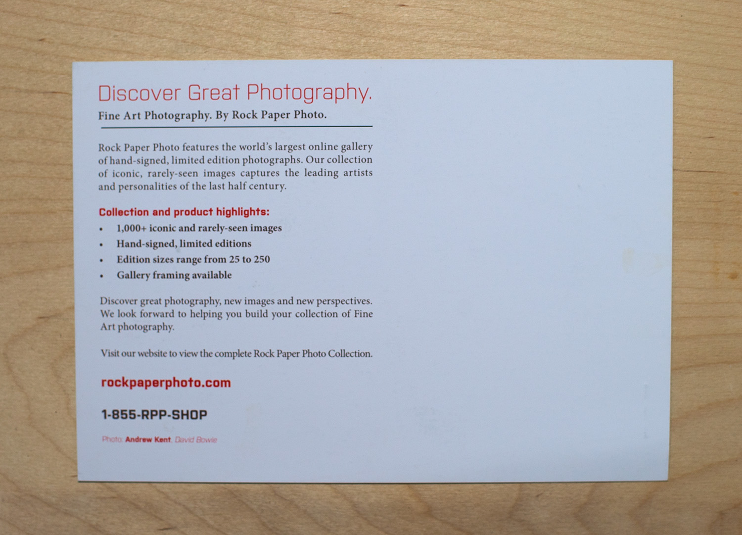 Reverse of postcard featuring a photo of David Bowie by photographer Andrew Kent