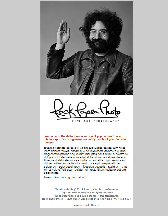 Screen capture of a Rock Paper Photo email featuring an image of Grateful Dead's Jerry Garcia