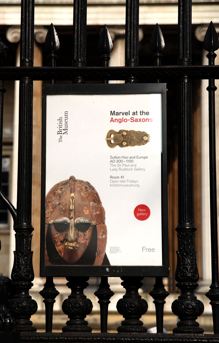 in-situ photo of the exhibition poster for The British Museum's Sutton Hoo and Europe: AD 300–1100, The Sir Paul and Lady Ruddock Gallery
