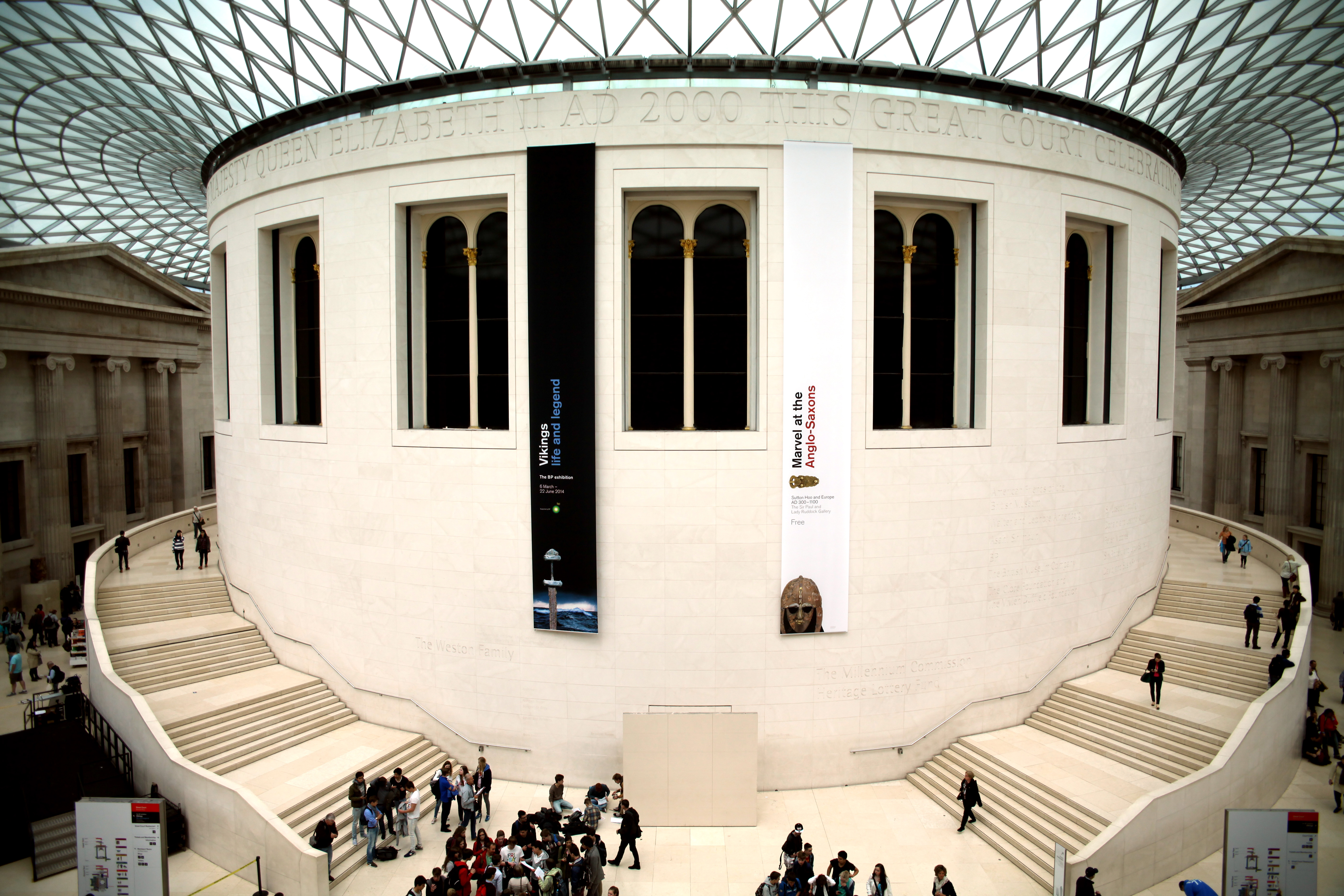 The Great court of The British Museum featuring banner for Sutton Hoo and Europe: AD 300–1100, The Sir Paul and Lady Ruddock Gallery