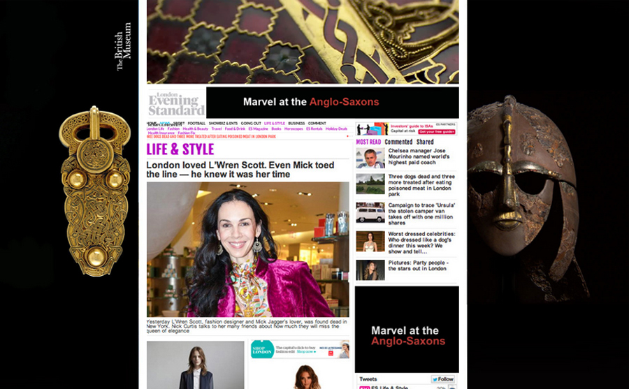 Evening Standard homepage featuring The British Museum digital takeover for Sutton Hoo gallery opening, showcasing Sutton Hoo artifacts including the helmet, gold buckle, and shoulder-clasp