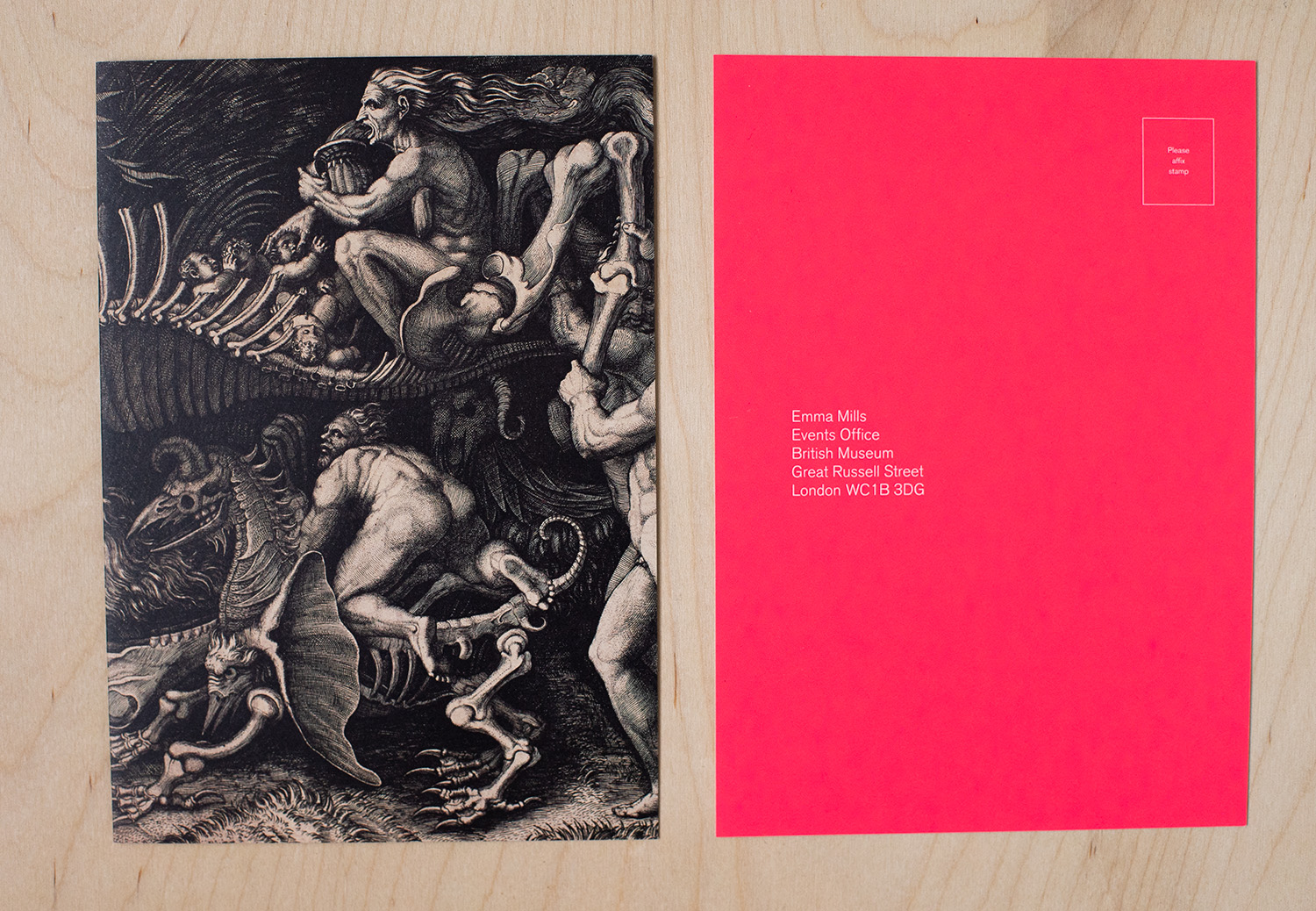 Invitiation featuring the print 'The Carcass (Lo Stregozzo)'by Agostino Veneziano, c.1520