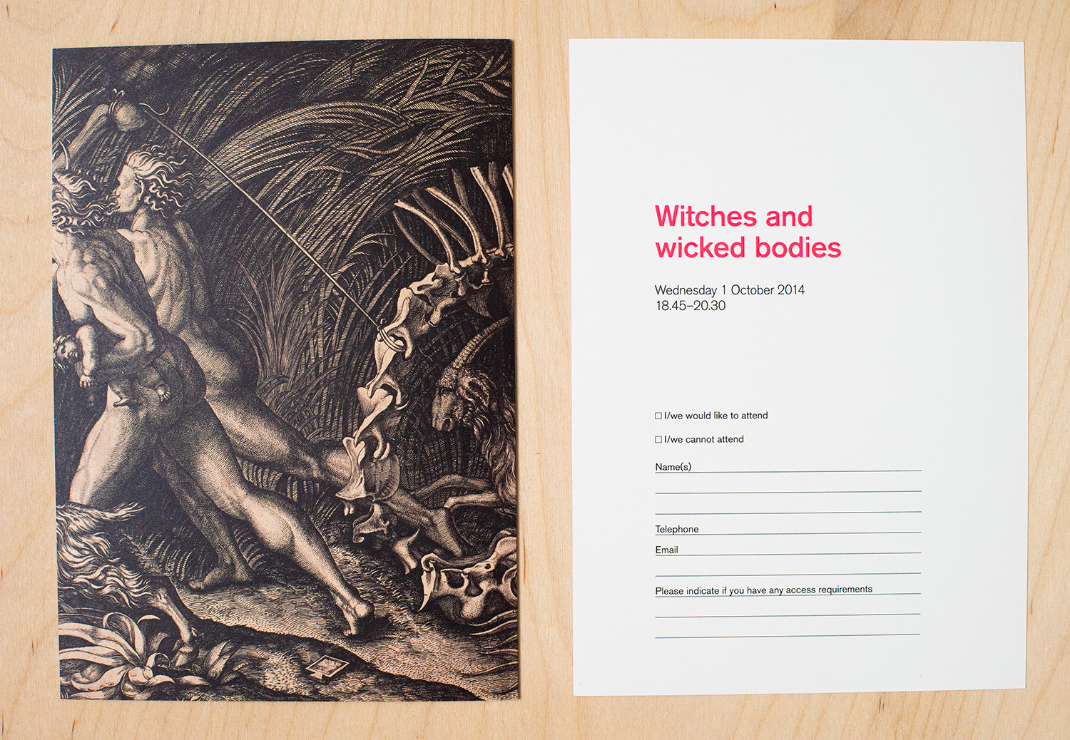 Invitiation featuring the print 'The Carcass (Lo Stregozzo)'by Agostino Veneziano, c.1520