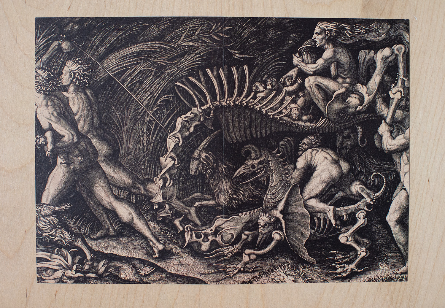 Invitiation featuring the print 'The Carcass (Lo Stregozzo)'by Agostino Veneziano, c.1520