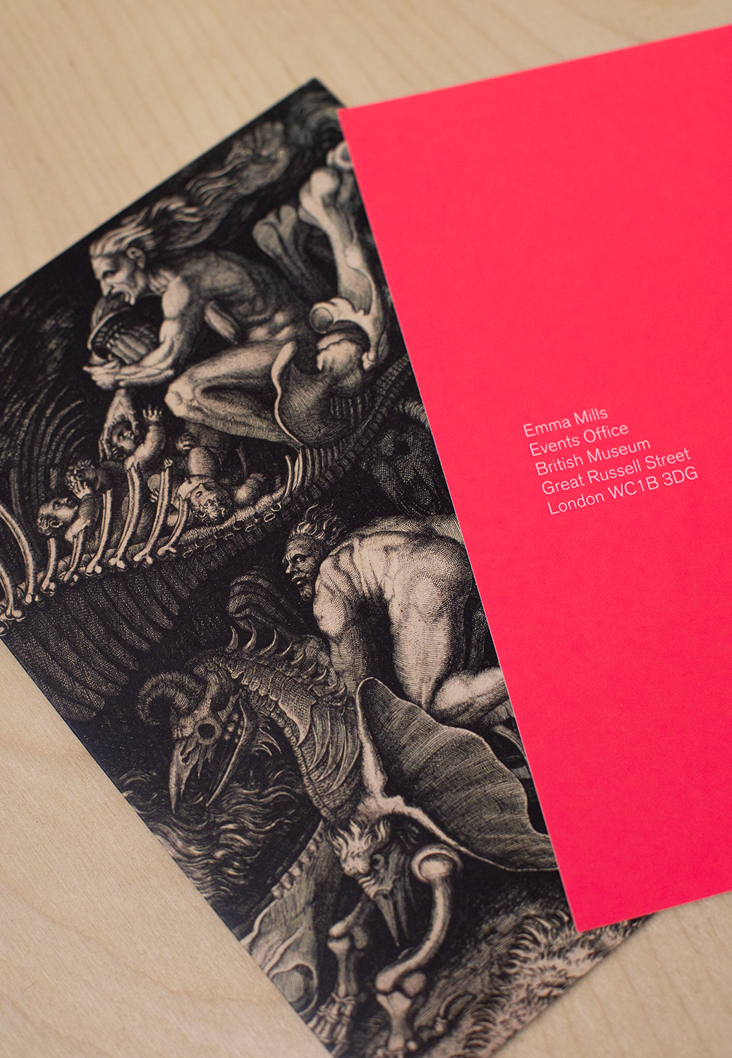 Invitiation featuring the print 'The Carcass (Lo Stregozzo)'by Agostino Veneziano, c.1520